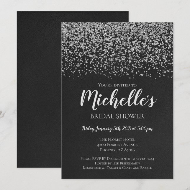 Invitación nupcial de la ducha, plata, negro, (Anverso / Reverso)