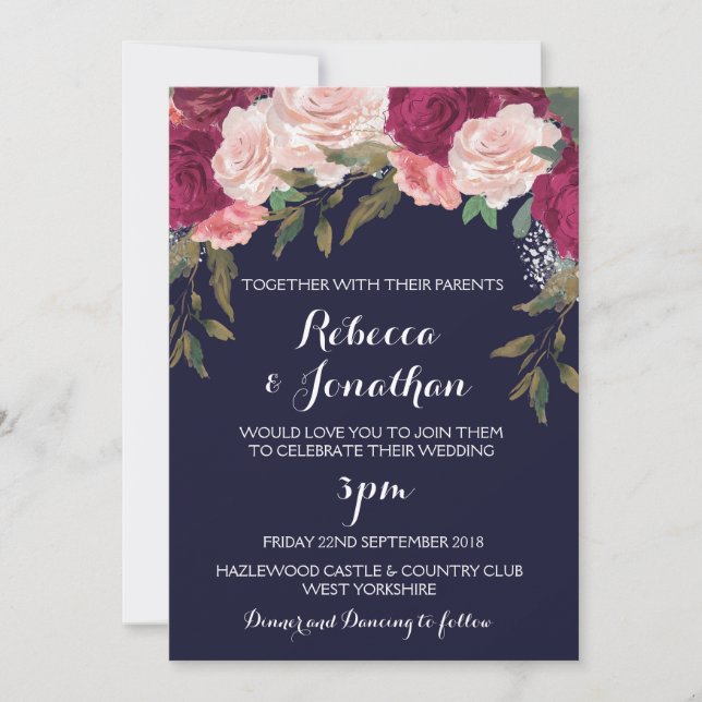 Invitación nupcial de la marina borgoña rosa flora (Anverso)