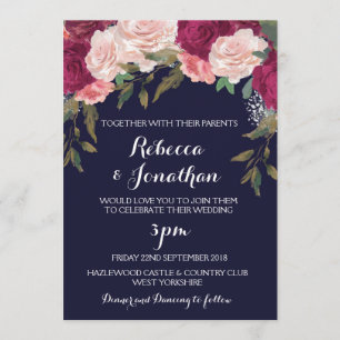 Invitación nupcial de la marina borgoña rosa flora