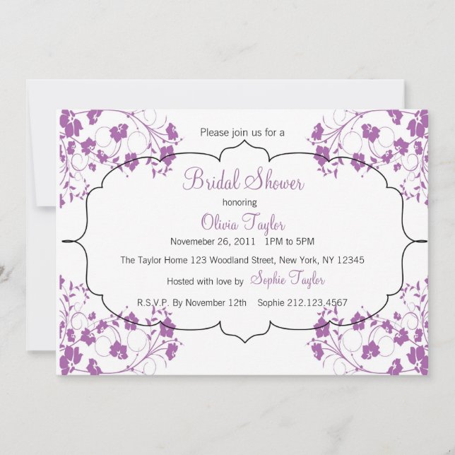 Invitación nupcial de morada floral púrpura (Anverso)