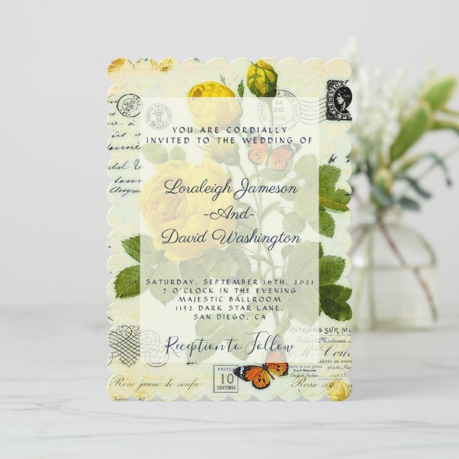 Invitación nupcial de rosas amarillas (Anverso de pie)