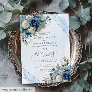 Invitación nupcial de rosas de plata azul oscuro y