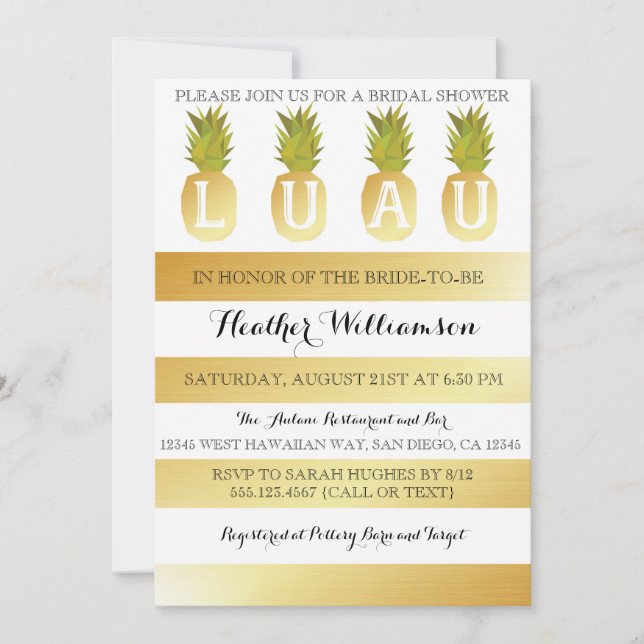 Invitación nupcial del oro de la ducha de Luau (Anverso)