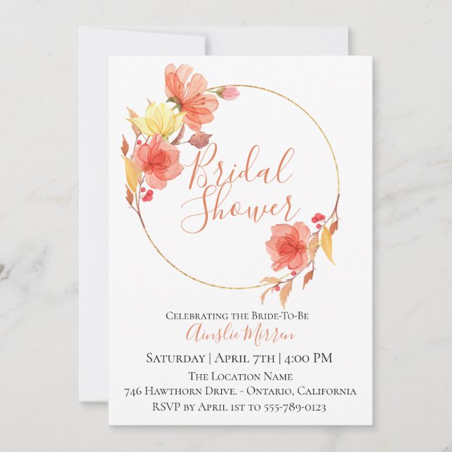 Invitación nupcial floral anaranjada polvorienta (Anverso)