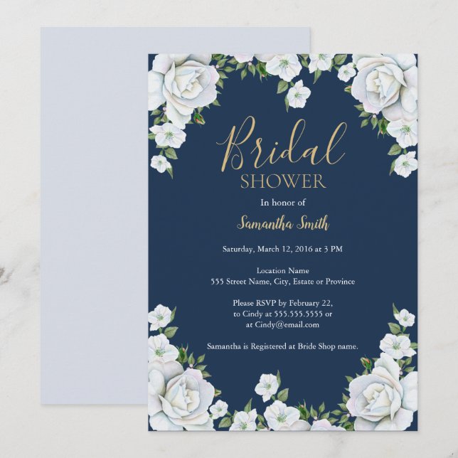 Invitación nupcial floral azul y blanca de la (Anverso / Reverso)