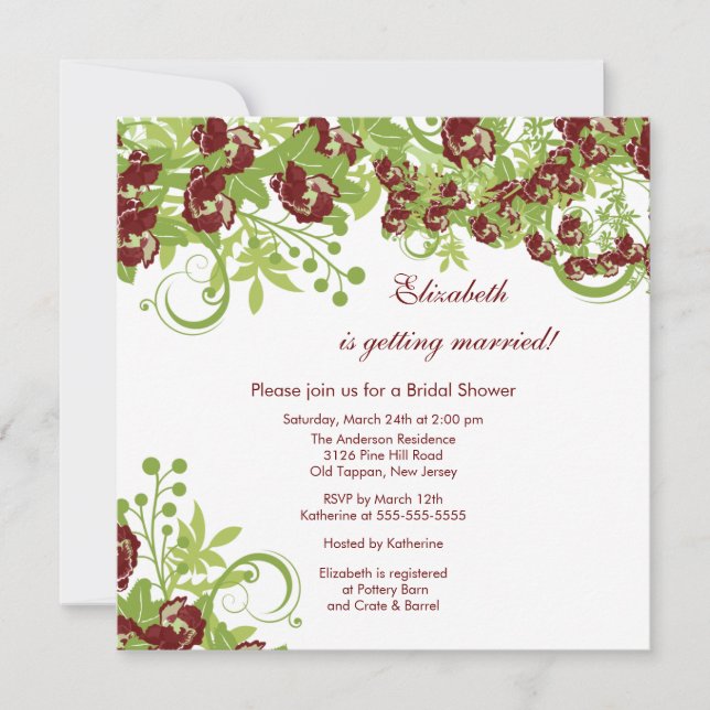 Invitación nupcial floral Borgoña de la ducha de (Anverso)