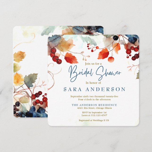 Invitación nupcial floral de acuarela de otoño (Anverso / Reverso)