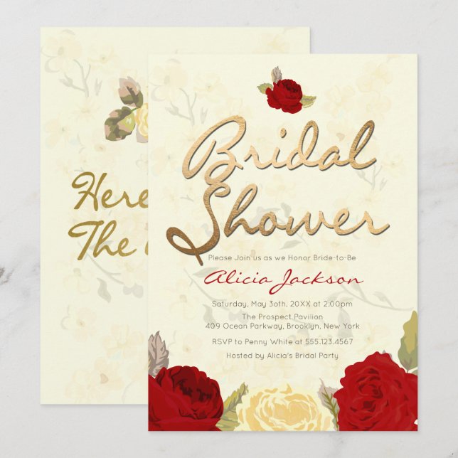 Invitación nupcial floral roja y de marfil (Anverso / Reverso)