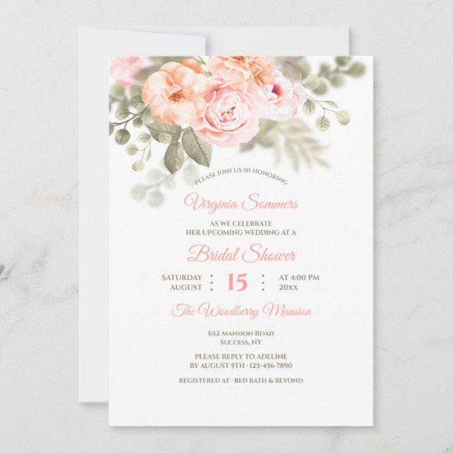 Invitación nupcial floral romántica del blanco de (Anverso)