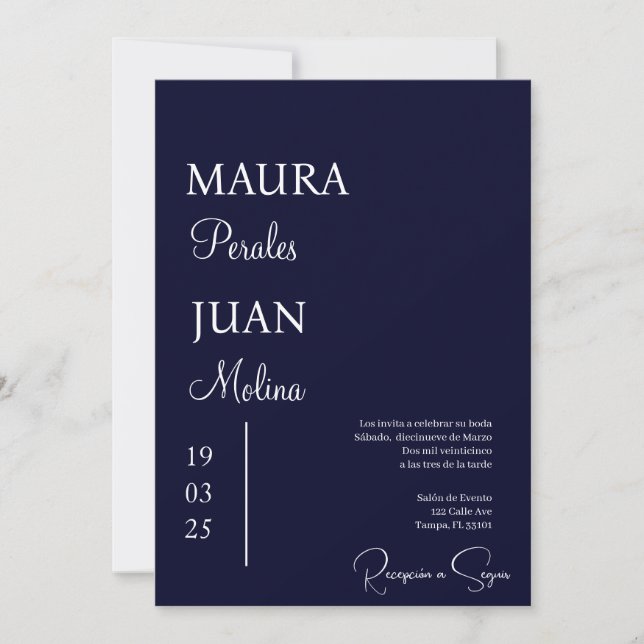 Invitación nupcial minimalista azul oscuro español (Anverso)
