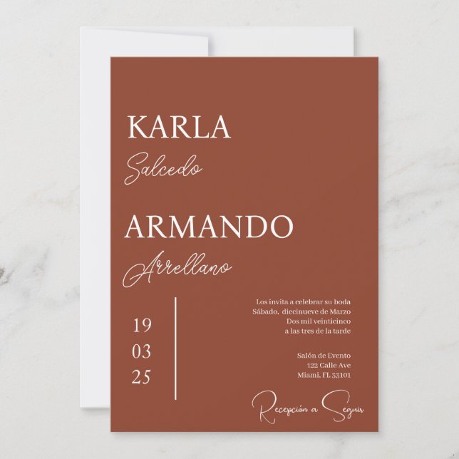Invitación nupcial minimalista en Terracota España (Anverso)