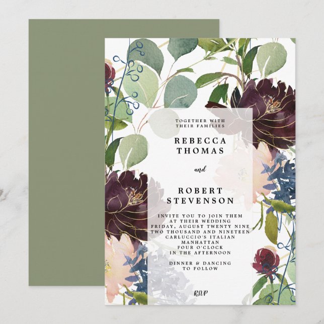 invitación nupcial moderna color verde púrpura (Anverso / Reverso)