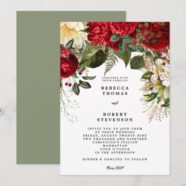 invitación nupcial moderna invierno rojo floral (Anverso / Reverso)