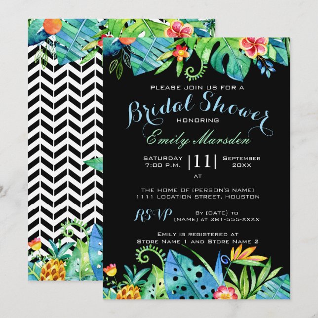 Invitación nupcial negra floral tropical de la (Anverso / Reverso)