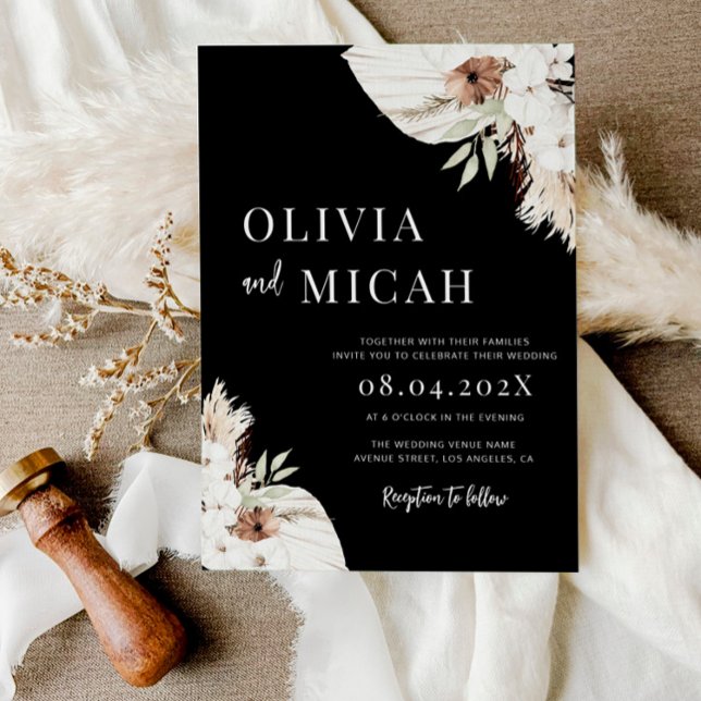Invitación nupcial negra para el Boho pampas (Subido por el creador)