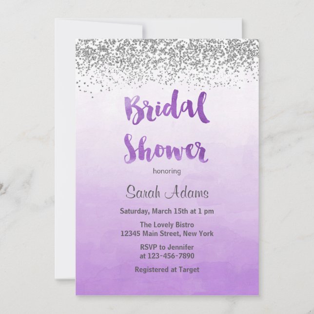 Invitación nupcial púrpura y de plata de la ducha (Anverso)