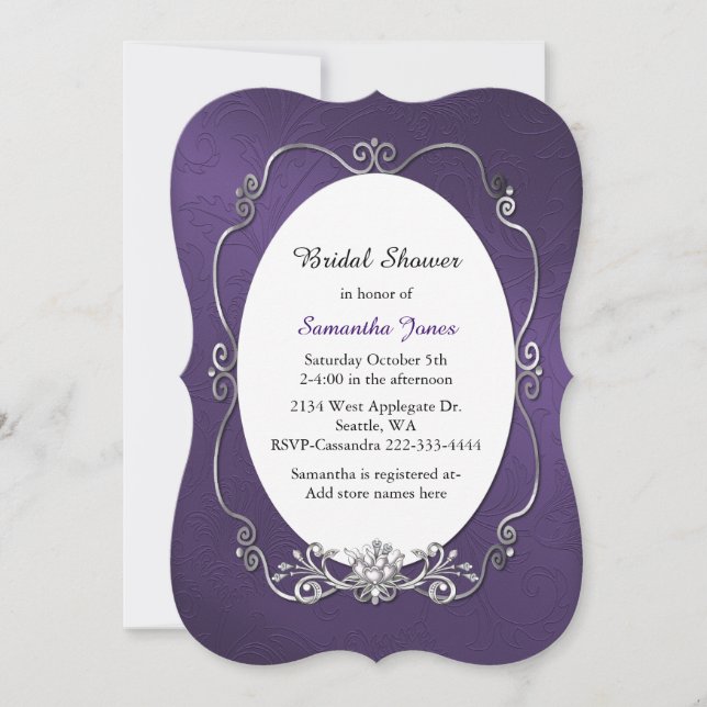 Invitación nupcial púrpura y de plata de la ducha (Anverso)
