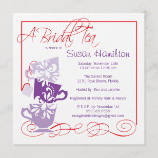 Invitación nupcial púrpura y roja de la ducha - té