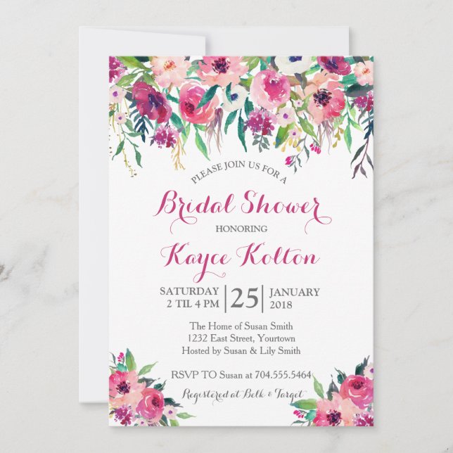 Invitación nupcial rosada brillante de la ducha (Anverso)