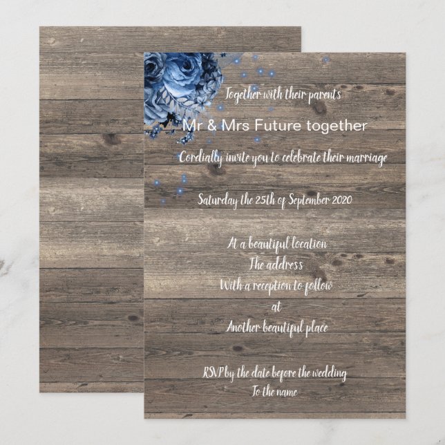Invitación nupcial Rustic Vinatge Blue Bouquet (Anverso / Reverso)