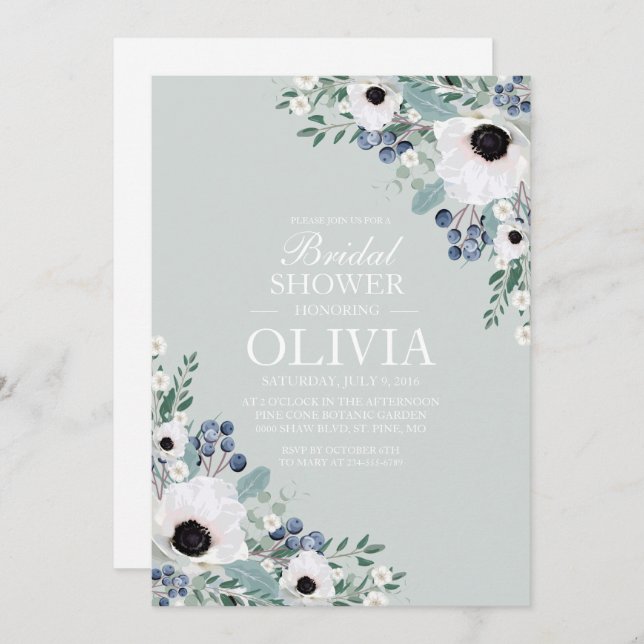 Invitación nupcial verde sabio anemono blanco (Anverso / Reverso)