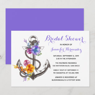 Invitación Nupcias Náuticas con Ancla Floral Flor de Morado