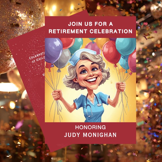 Invitación Nurse Caricature Funny Retirement Party  (Funny Retirement Nurse Caricature Invitation)