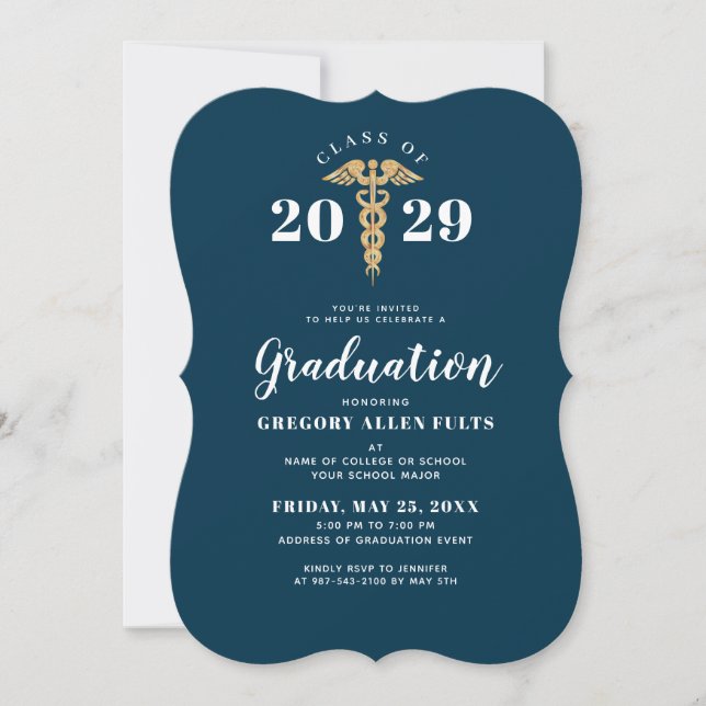 Invitación Nurse Graduación Navy Blue And Gold Caduceus (Anverso)