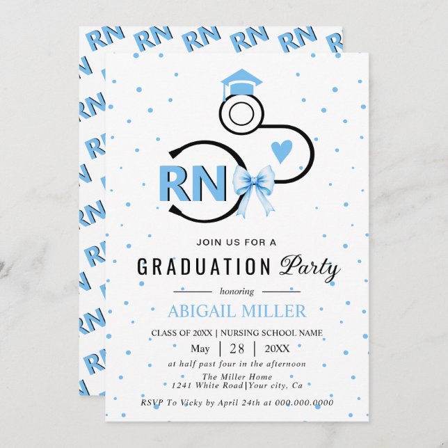Invitación Nursing shool stethoscope blue RN graduation Invit (Anverso / Reverso)