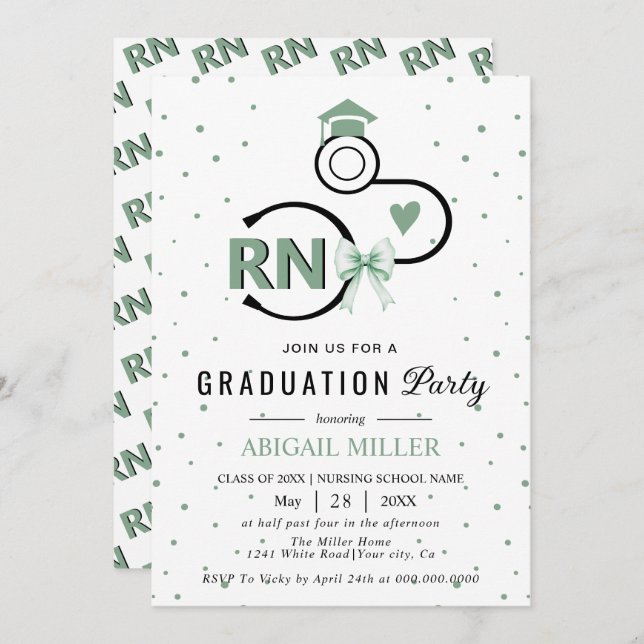 Invitación Nursing shool stethoscope green RN graduation (Anverso / Reverso)