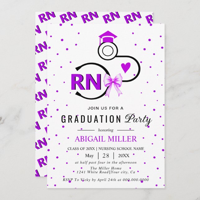 Invitación Nursing shool stethoscope purple RN graduation (Anverso / Reverso)