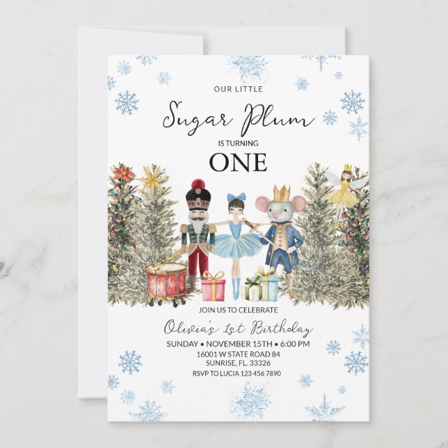 Invitación Nutcracker Blue Winter Trees Snowflakes Cumpleaños (Anverso)