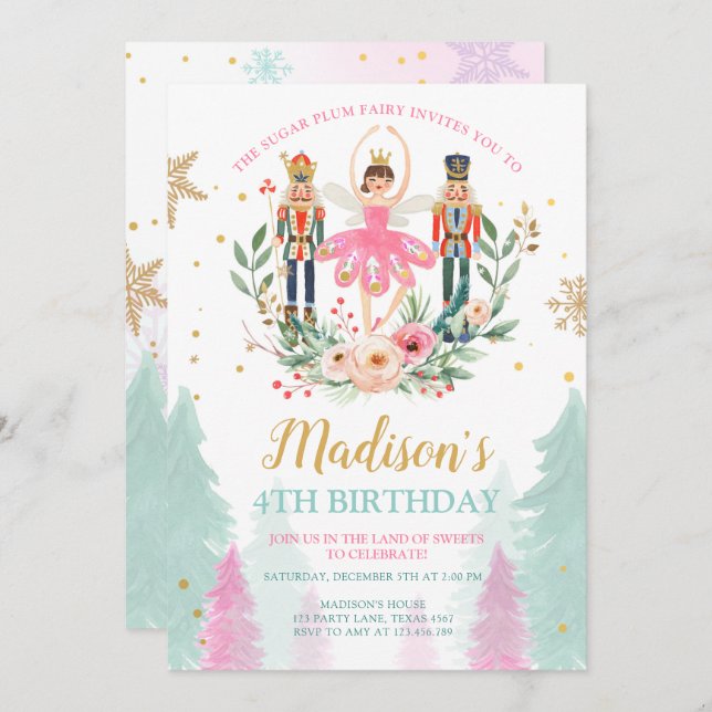 Invitación Nutcracker Chica de cumpleaños Chica de ballet Sug (Anverso / Reverso)