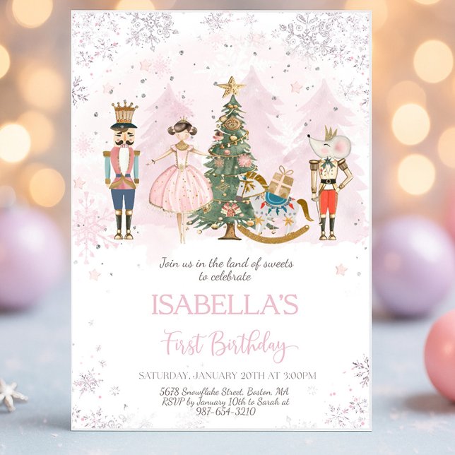 Invitación Nutcracker Cumpleaños Sugar Pluma Rosa (Nutcracker Land of Sweets pink fairy birthday invitation with pastel ballet design)