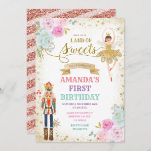 Invitación Nutcracker Floral Gold Snowflakes Winthday