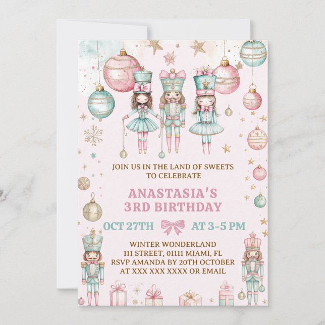 Invitación Nutcracker Navidad Rosa Wonderland 3er Cumpleaños (Anverso)
