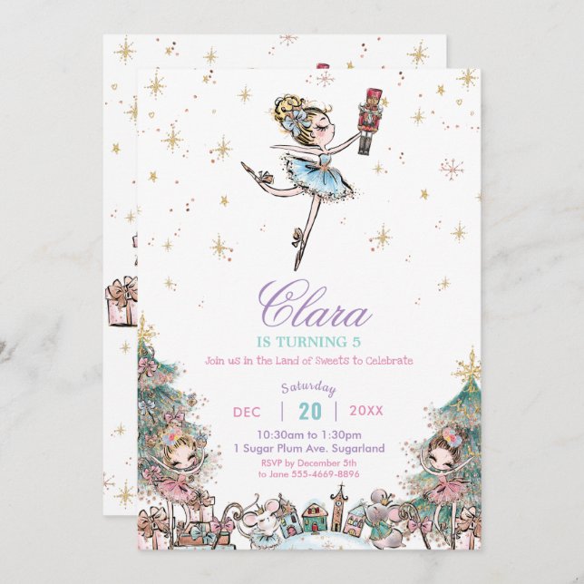 Invitación Nutcracker Sugar Plum Fairy Navidades Cumpleaños (Anverso / Reverso)