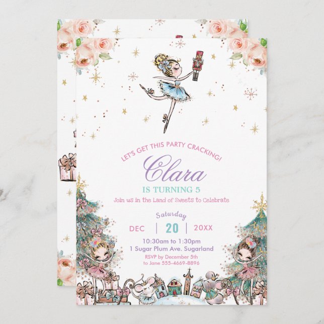 Invitación Nutcracker Sugar Plum Fairy Navidades Cumpleaños (Anverso / Reverso)