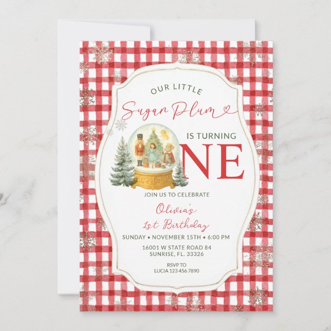 Invitación Nutcracker Winter Snowflakes Birthday Red Gingham (Anverso)