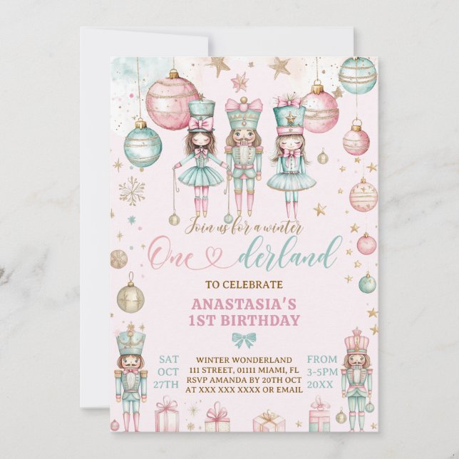 Invitación Nutcracker Winter Wonderland Primer Cumpleaños (Anverso)