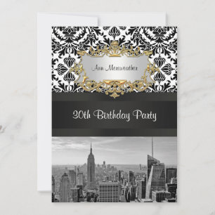 Invitación NY City Skyline BW 431 Damask Birthday Party V