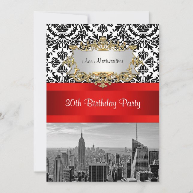Invitación NY City Skyline BW 432 Damask Birthday Party V (Anverso)