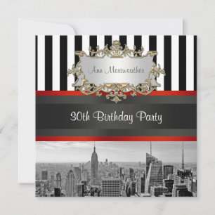 Invitación NY City Skyline BW Black White Stripe Cumpleaños