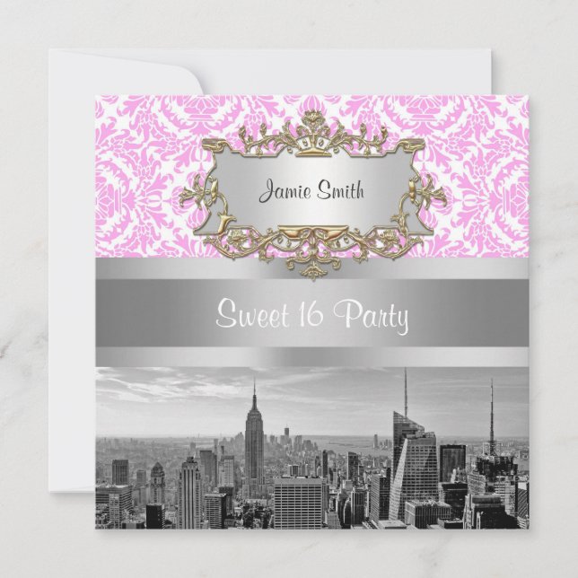 Invitación NY City Skyline BW D4P Damasco blanco rosado (Anverso)