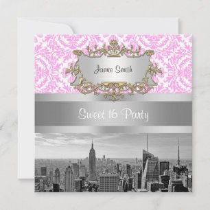 Invitación NY City Skyline BW D4P Damasco blanco rosado