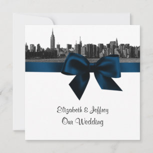Invitación NYC amplia panorámica grabada BW azul marino boda