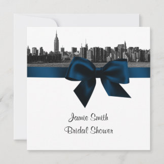 Invitación NYC amplia panorámica grabada BW Navy B Despedida