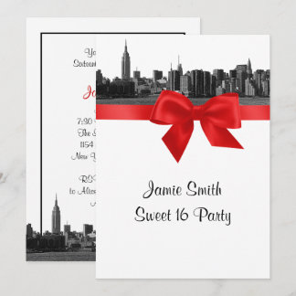 Invitación NYC amplia panorámica grabada BW rojo Sweet Sixtee