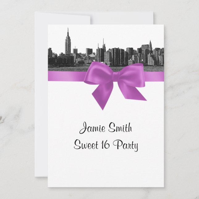 Invitación NYC Ancho Horizonte Etched BW Lila Dulce 16 (Anverso)