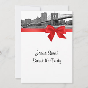 Invitación NYC Ancho Horizonte Grabado BB BW Rojo Dulces Diec